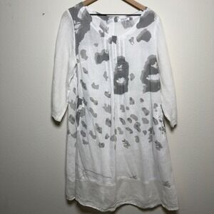 Banana‎ Blue Women 100% Linen Tunic Dress White Gray Abstract Pintuck Lagenlook